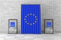 Ballot Boxes near White Voting Booth with Curtain and European Union Flag. 3d Rendering